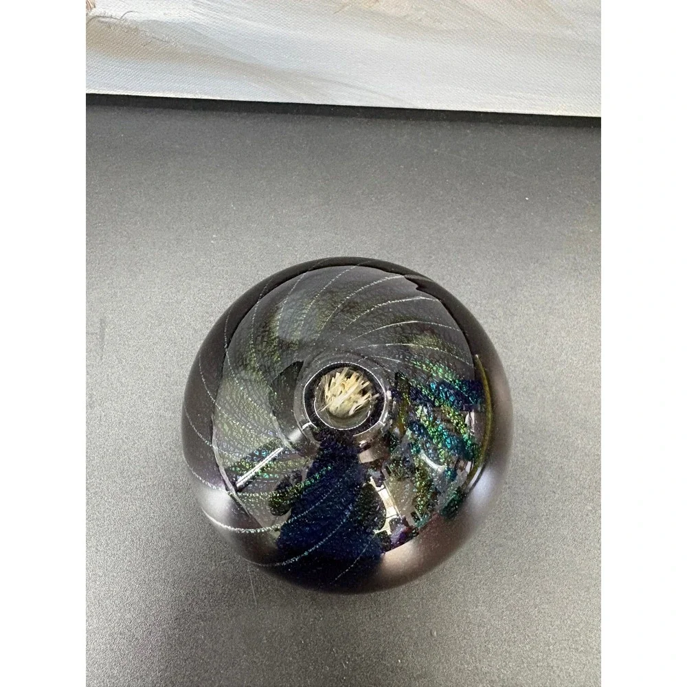 Maytum Studio 1994 Iridescent Art Glass Paperweight Oil Lamp  Blue Green